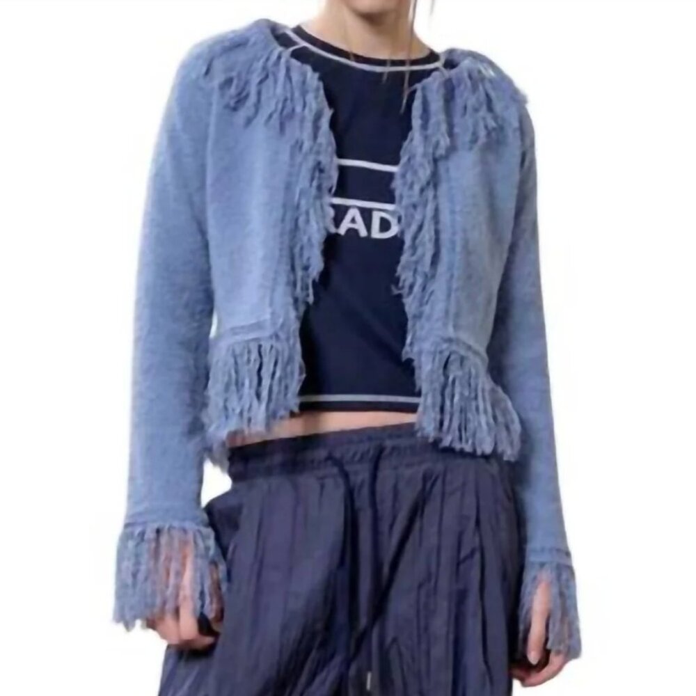 NWT Moon River Fringe Sweater Cardigan Baby Blue Small